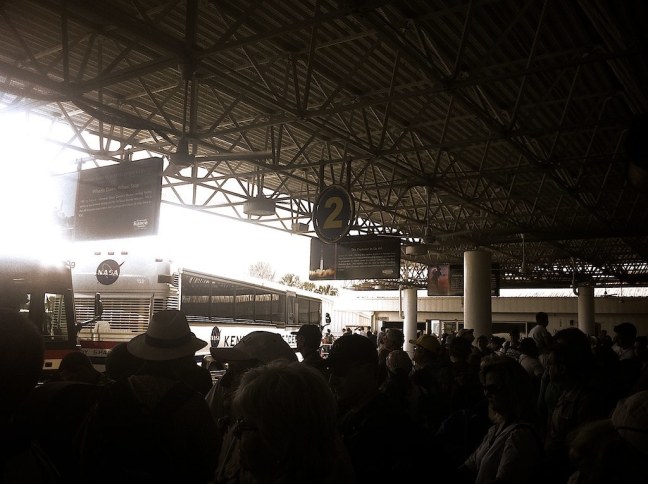 Boarding buses to NASA causeway