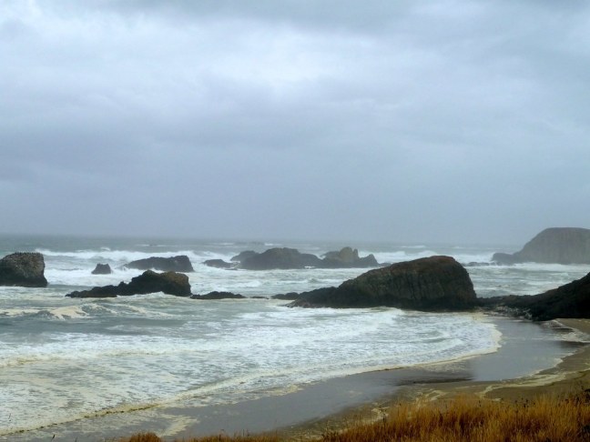 One of the very few rainy days during my stay. This is the beach across the street from Seal Rocks RV Cove.