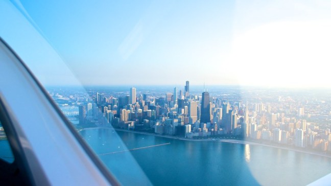 Looking back at the Chicago skyline from above Lake Michigan