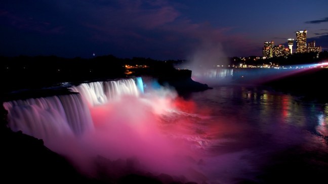 Red-White-Blue Lighted Niagara Falls at Night